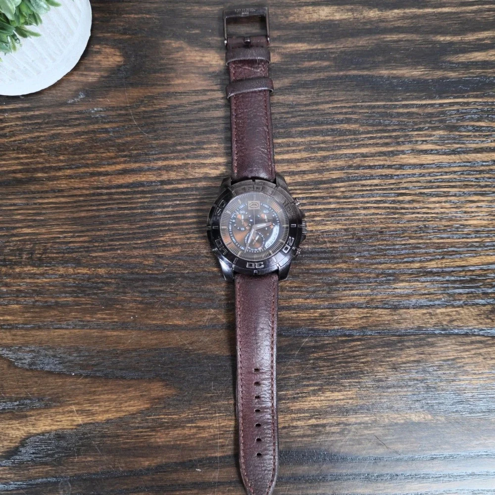 Y2K Marc Ecko UNLTD Watch E16503G2 Chocolate Brown Leather Stainless Steel Logo